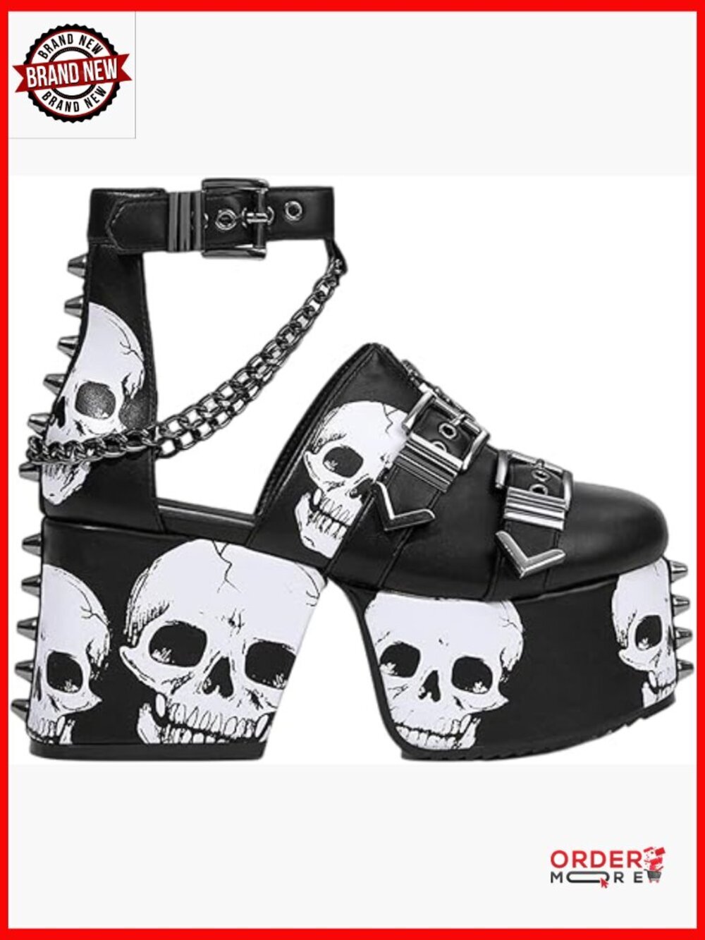 Chunky Platform Wedge Boots with Skull Design, Studs, Chains, Adjustable Strap